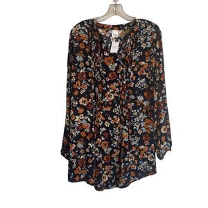 Cracker Barrel Floral Long Sleeve Pleated Front Tunic Blouse NWT